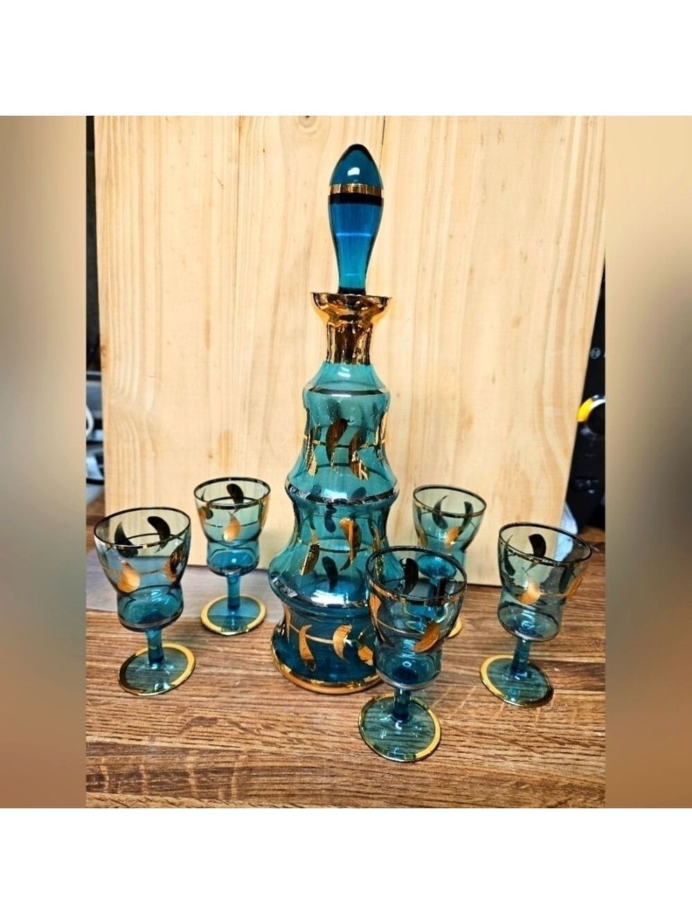 Vintage Teal Crystal Decanter with Gold Overlay and 4 Glass Liqueur Set